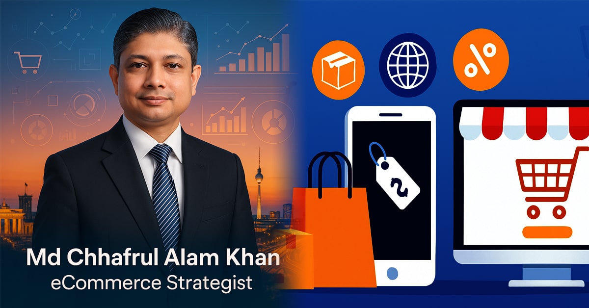 A high-resolution image of Md Chhafrul Alam Khan in a smart business suit, overlooking a digital city skyline, surrounded by eCommerce data visuals, AI network connections, and global marketplace icons — symbolizing innovation, intelligence, and global digital strategy leadership.