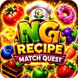 NGRecipe Match Quest app icon featuring the colorful NG Recipe logo surrounded by food ingredients and puzzle-style graphics.