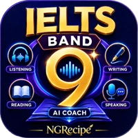 IELTS Band 9 AI Coach app icon featuring a gold number 9 and symbols for Listening, Reading, Writing, and Speaking