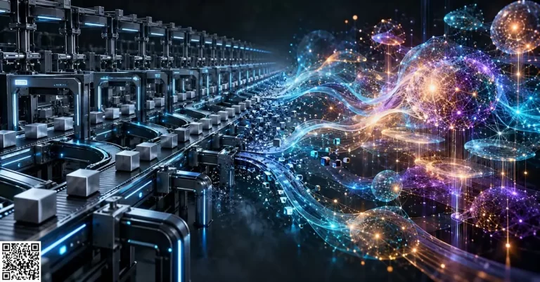 Rigid metallic conveyor systems and blue automated assembly lines transform into glowing cyan, amber, and violet neural networks, illustrating ordinary automation versus AI systems.