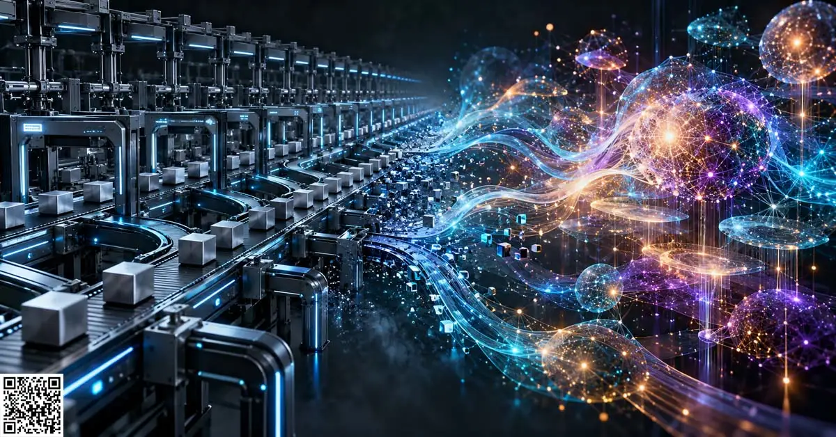 Rigid metallic conveyor systems and blue automated assembly lines transform into glowing cyan, amber, and violet neural networks, illustrating ordinary automation versus AI systems.
