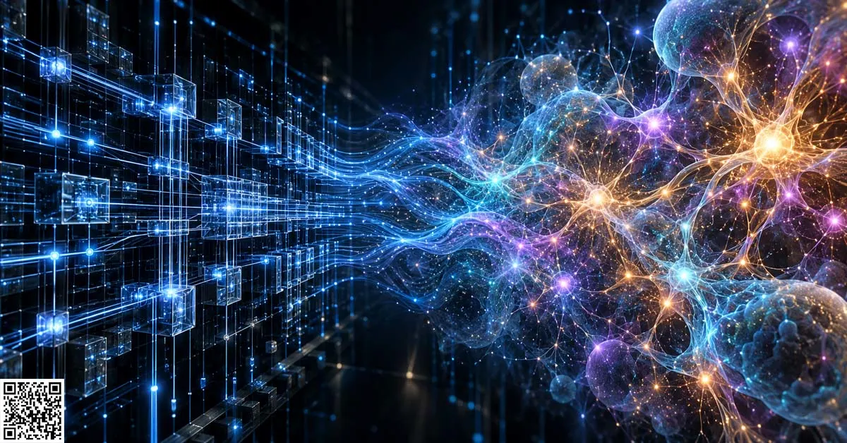 Structured blue computational circuits transform into a glowing neural network of cyan, violet, and amber connections, illustrating intelligence versus computation.