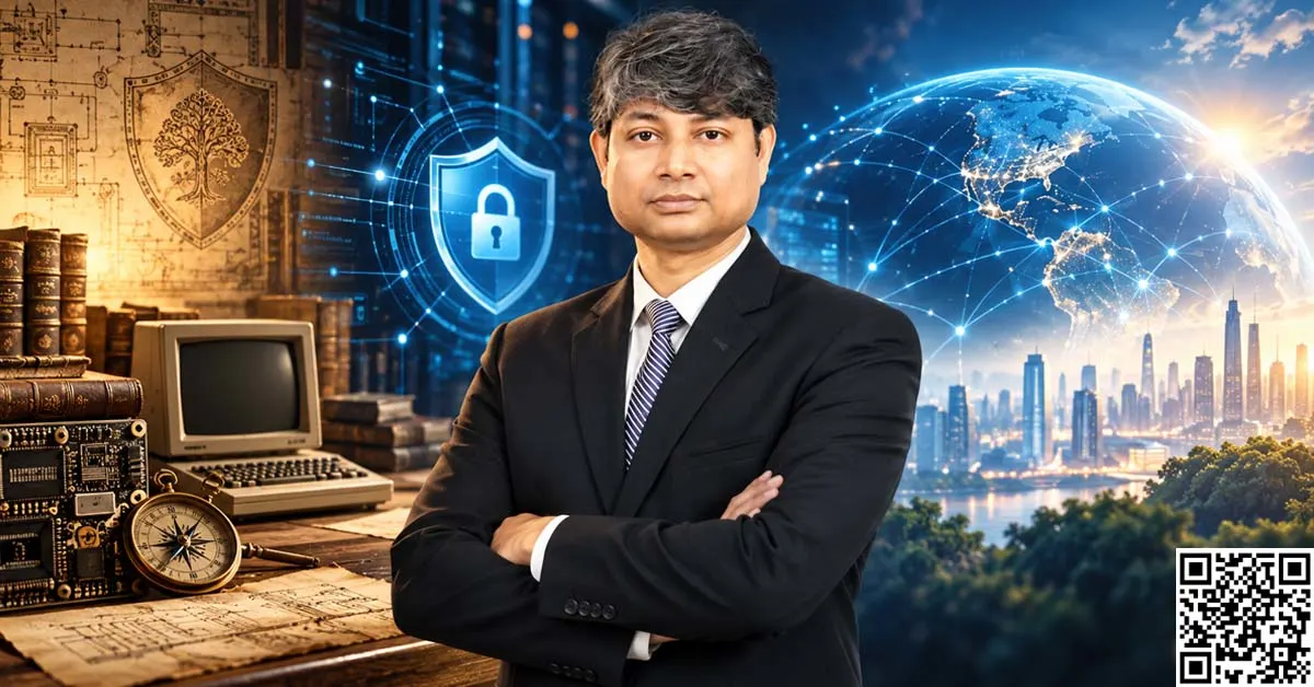 Digital artwork featuring Md Chhafrul Alam Khan with vintage computing technology, a glowing cybersecurity shield, and a connected futuristic world.